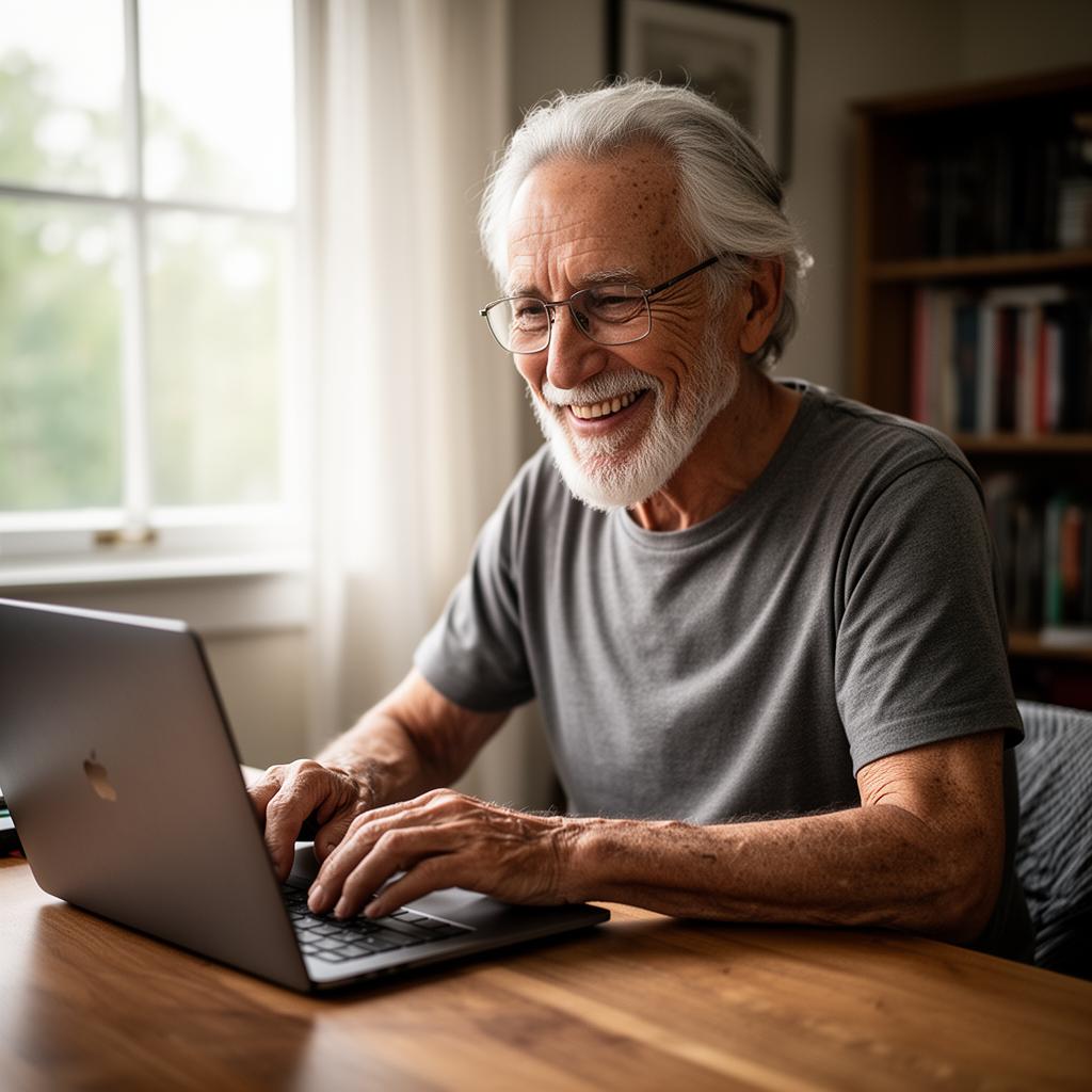 A retired man calmly using a laptop, confident he's protected from scams