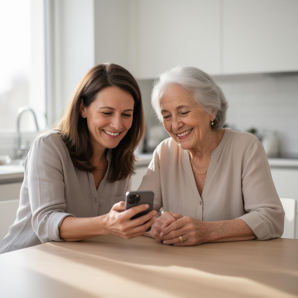 An adult daughter and her senior mother smiling together while reviewing a phone
