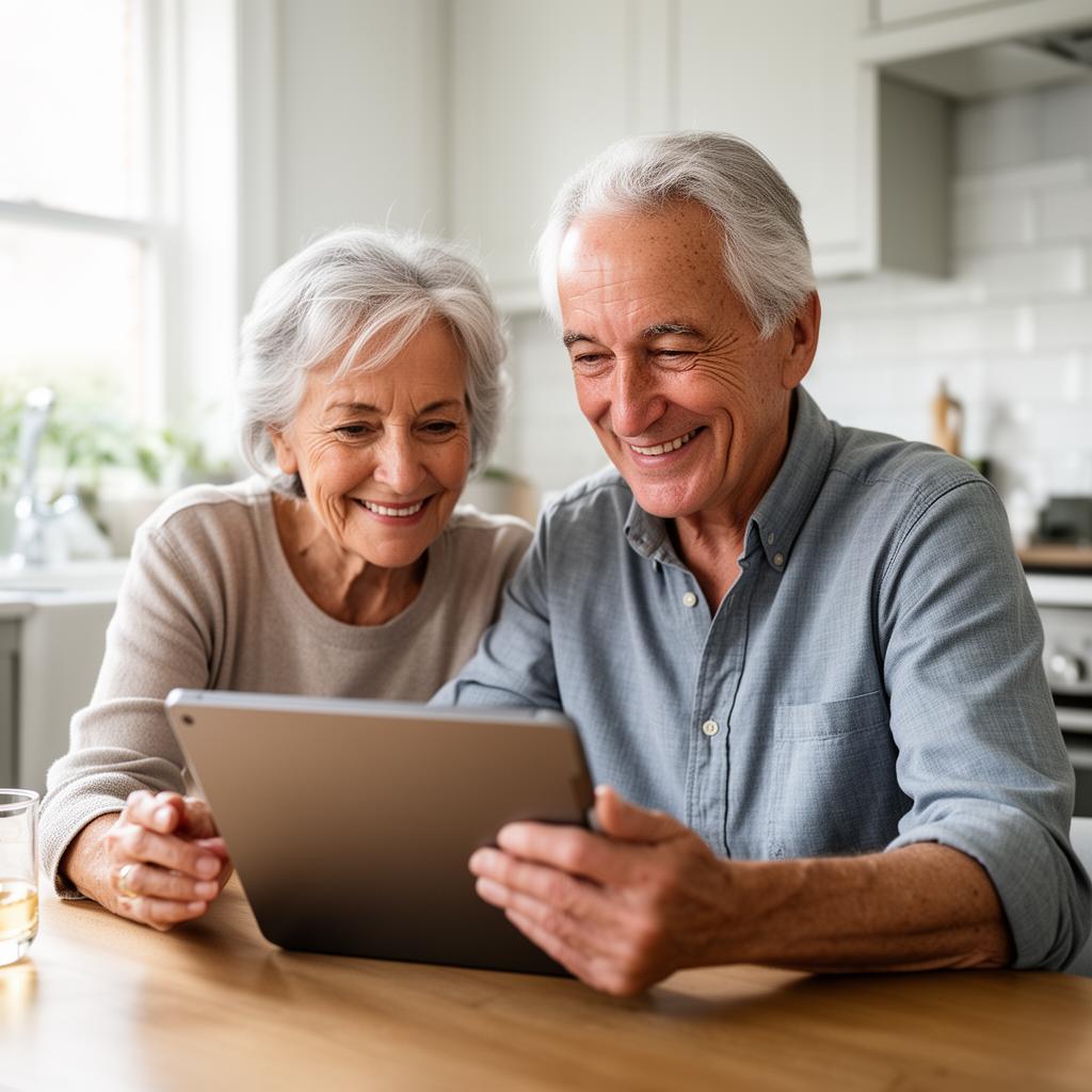 A retired couple smiling while reviewing scam alerts on their tablet