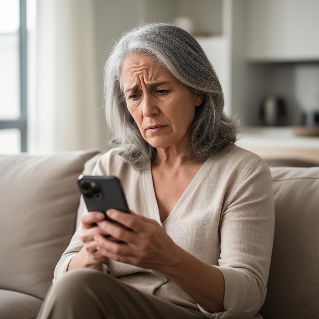 A worried retiree reading a suspicious message on her phone